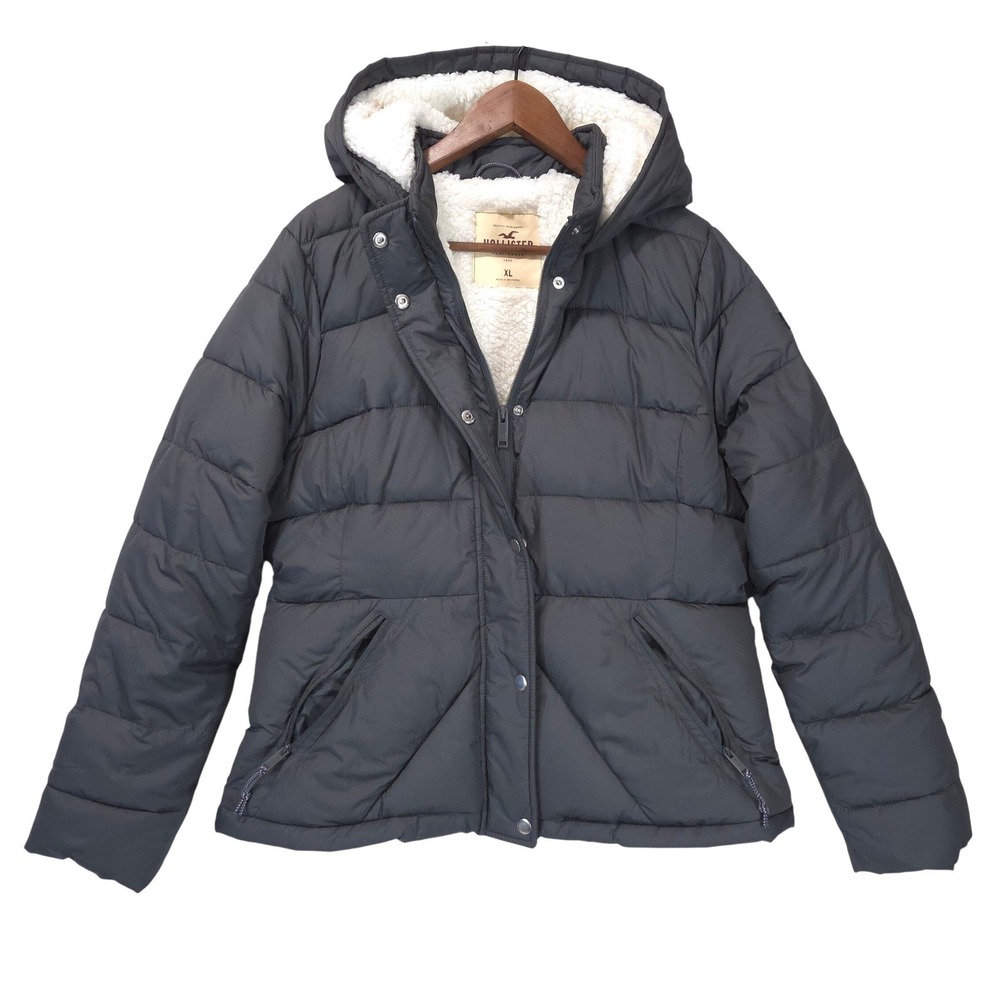 Hollister Sherpa Lined Puffer Jacket Womens XL Gray Hooded Winter Coat Warm Cozy